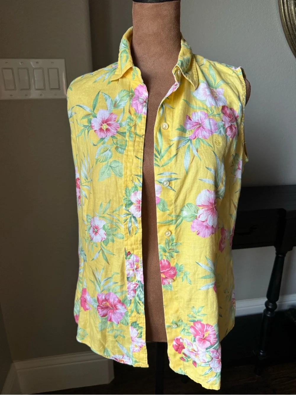 Lauren Ralph Lauren 100% Linen Yellow Hibiscus Floral Sleeveless Button Shirt M